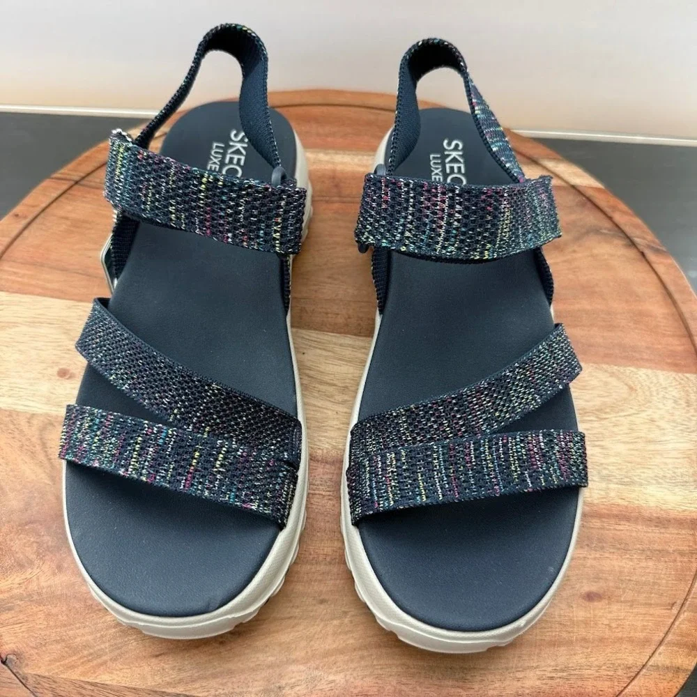 Skechers Trail Womens 9 Navy‎ Multi Space Dye Luxe Foam Sandals Machine Washable - Picture 2 of 11
